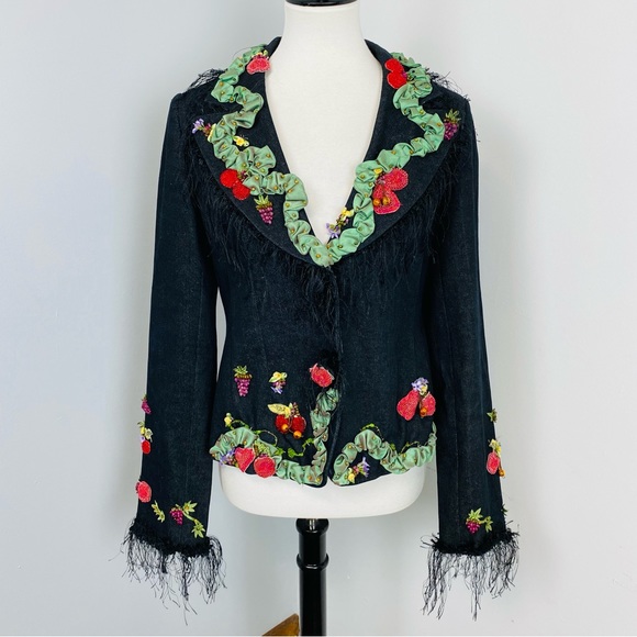Mary Frances Jackets & Blazers - 42. Mary Frances Beaded Ribbon Fringe Black Denim Jacket